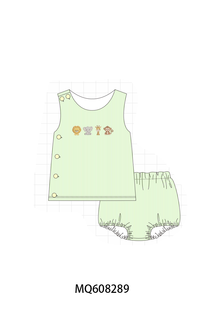 ETA MARCH 2026-po103 Green zoo animal embroidery seersucker collection