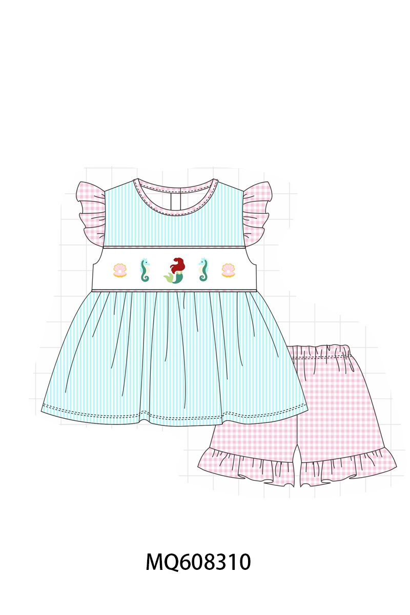 ETA MARCH 2026-po103 Blue seahorse embroidery seersuker ruffle collection