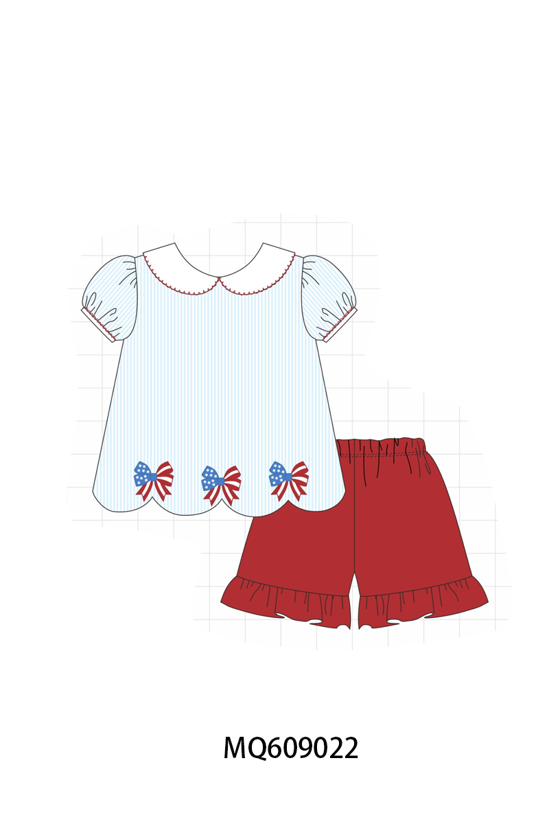 PO106 BLue stripe Patriotic flag bow embroidery collection - ETA APRIL