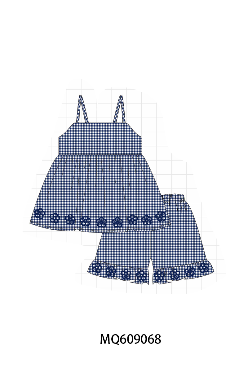 PO106 Navy floral embroidery gingham collection - ETA APRIL