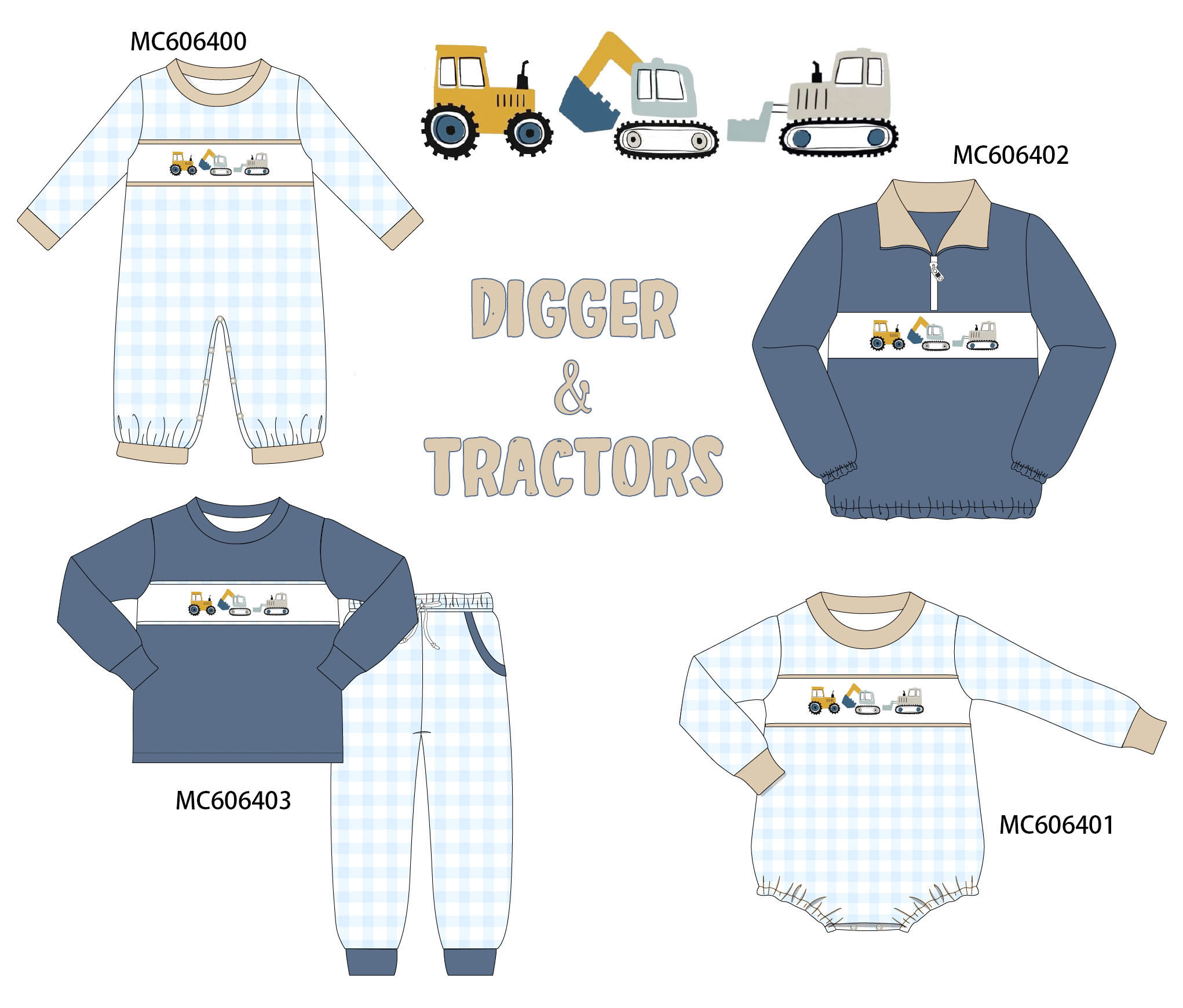 PO96 Navy digger excavator embroidery gingham boy collection - ETA December to LC