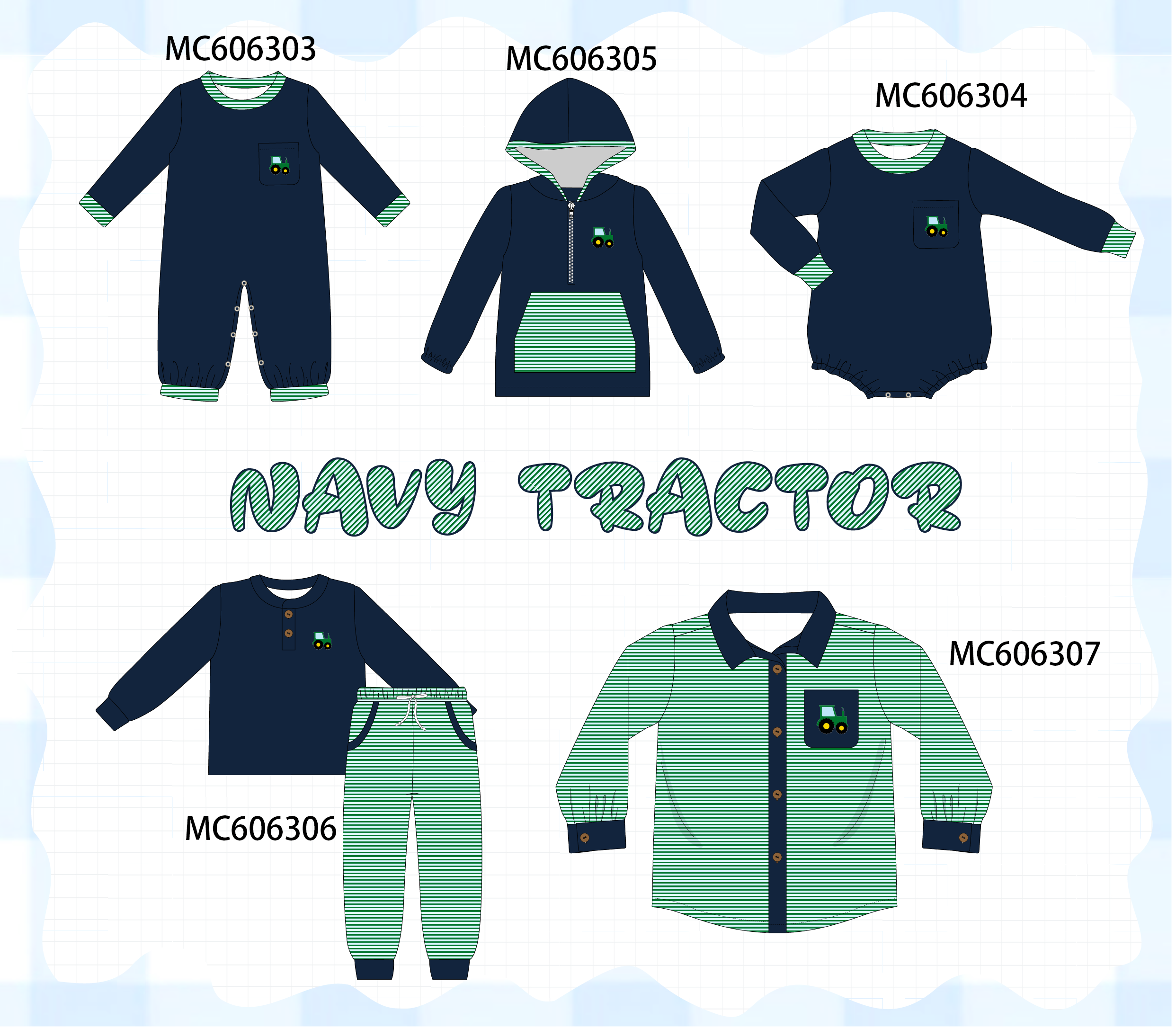 PO95 Navy tractor embroidery stripe collection - ETA early December to LC