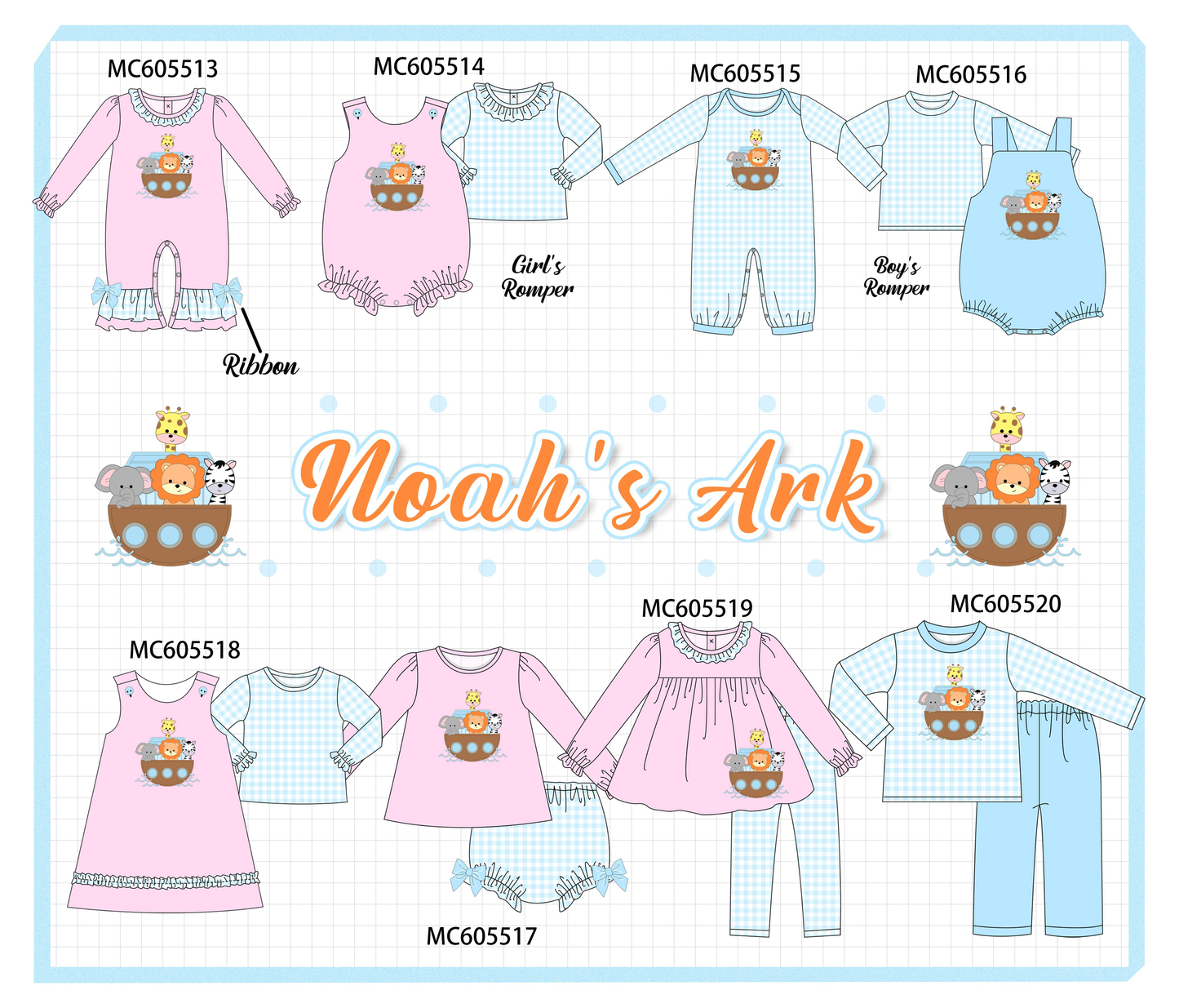 PO93 Pink&blue noah's ark applique gingham collection - ETA mid-November to LC