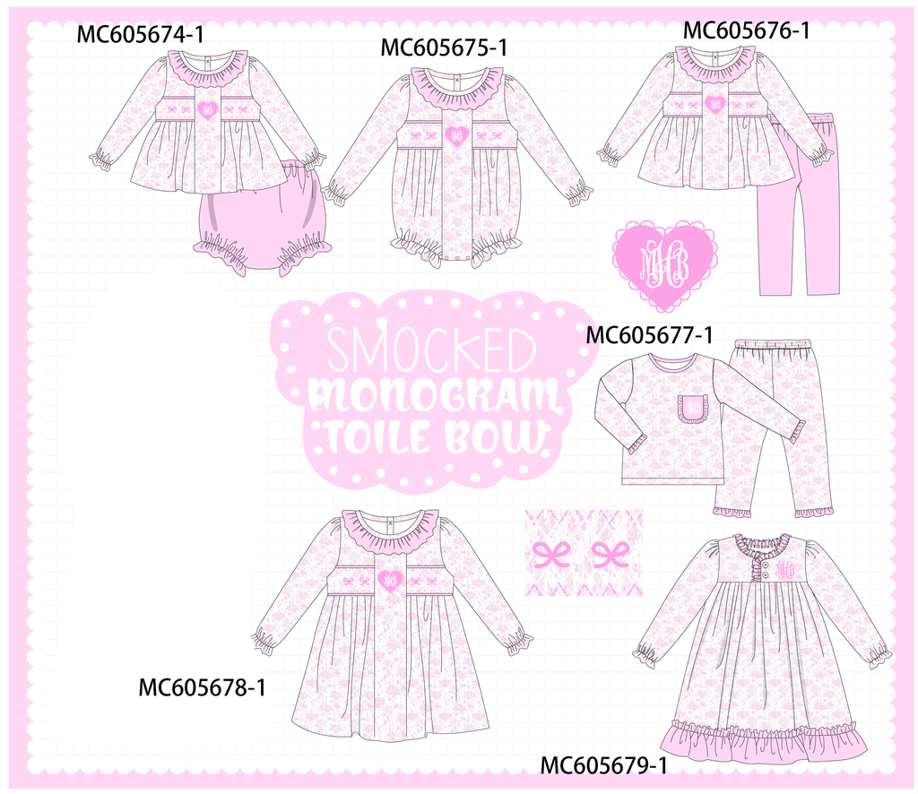 PO95 Pink bow monogram embroidery smocked ruffle collection - ETA early December to LC