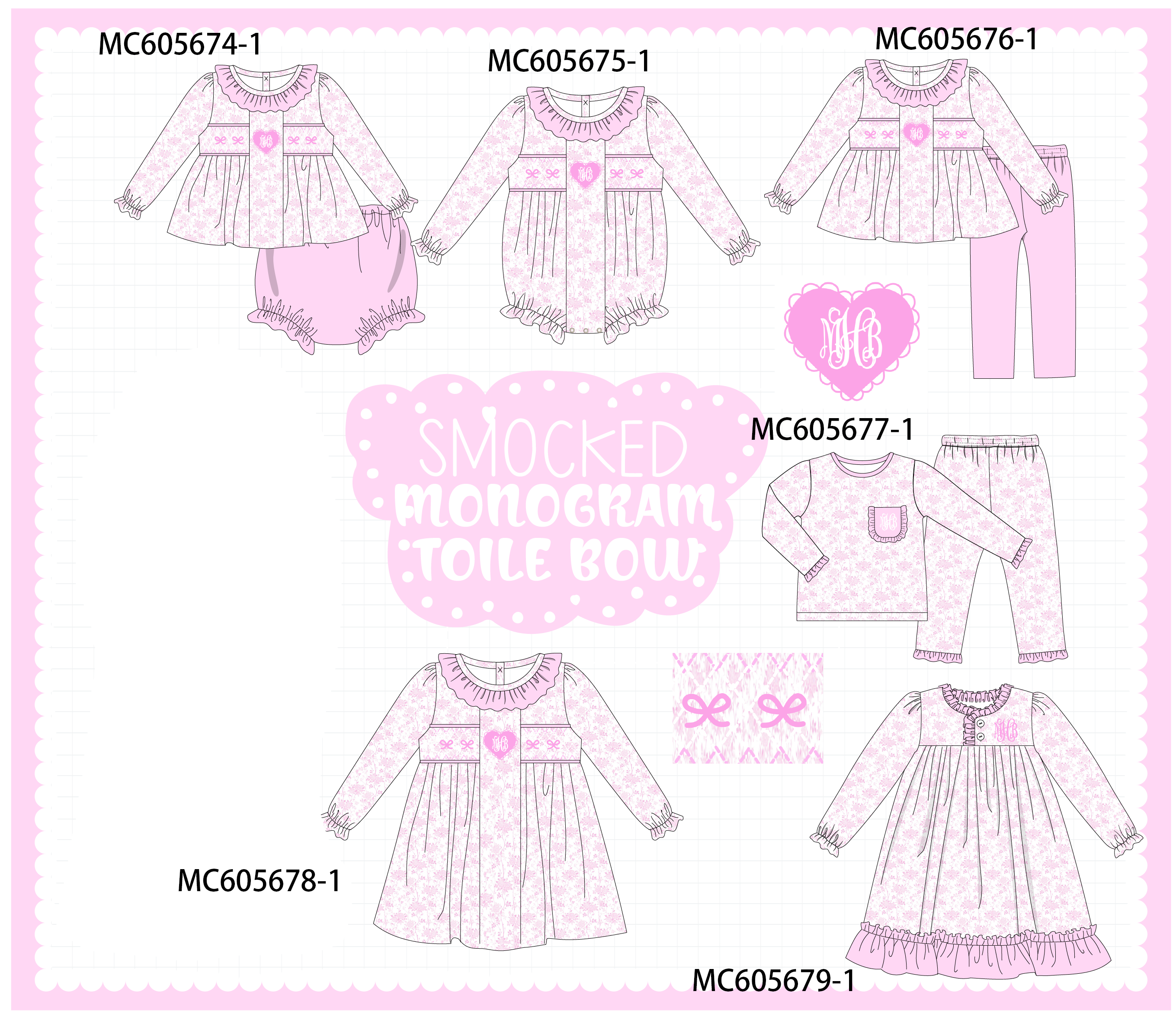 PO95 Pink bow monogram embroidery smocked ruffle collection - ETA early December to LC