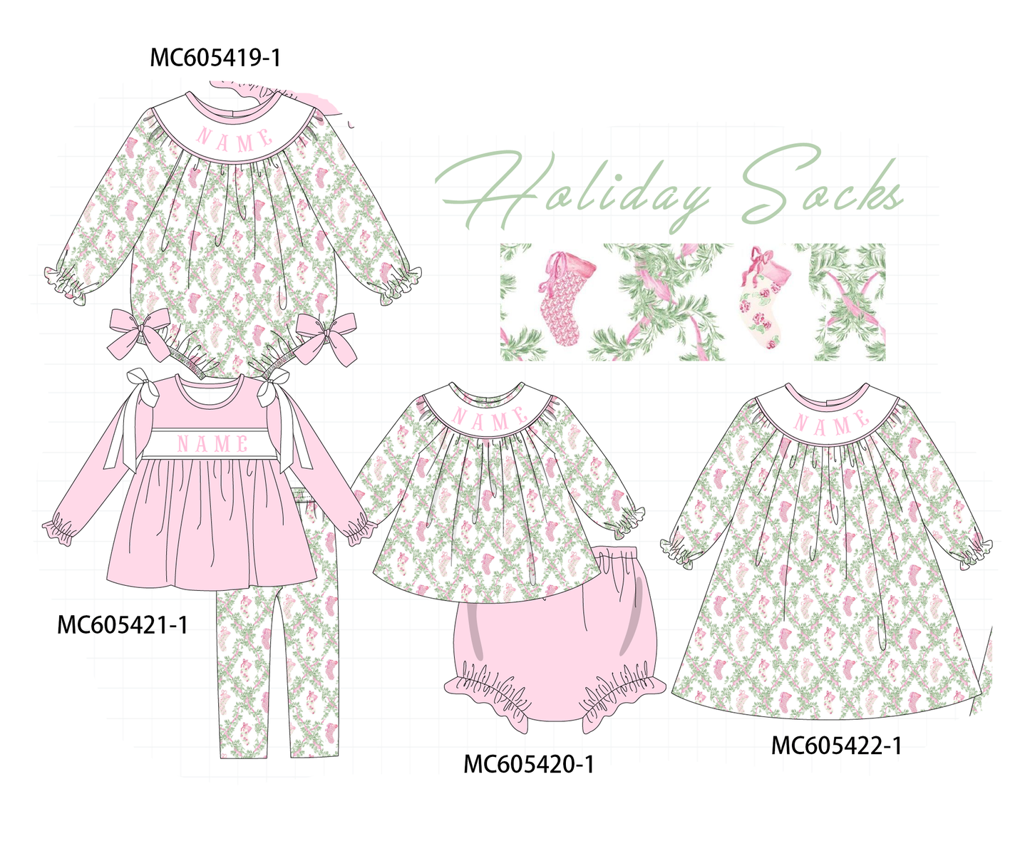 PO93 Pink holiday floral socks monogram embroidery collection - ETAmid-November to LC
