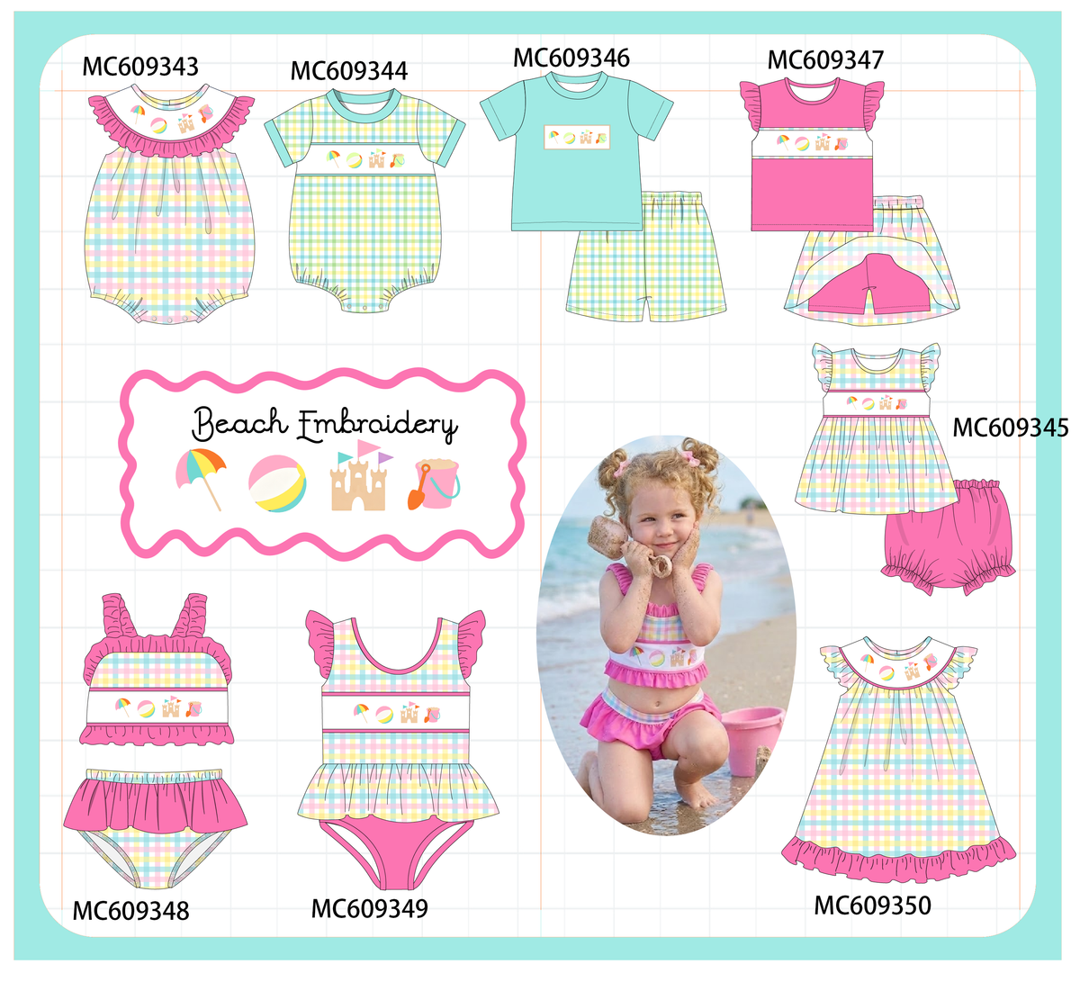 ETA MARCH 2026-po104 Pink&mint beach embroidery plaid collection