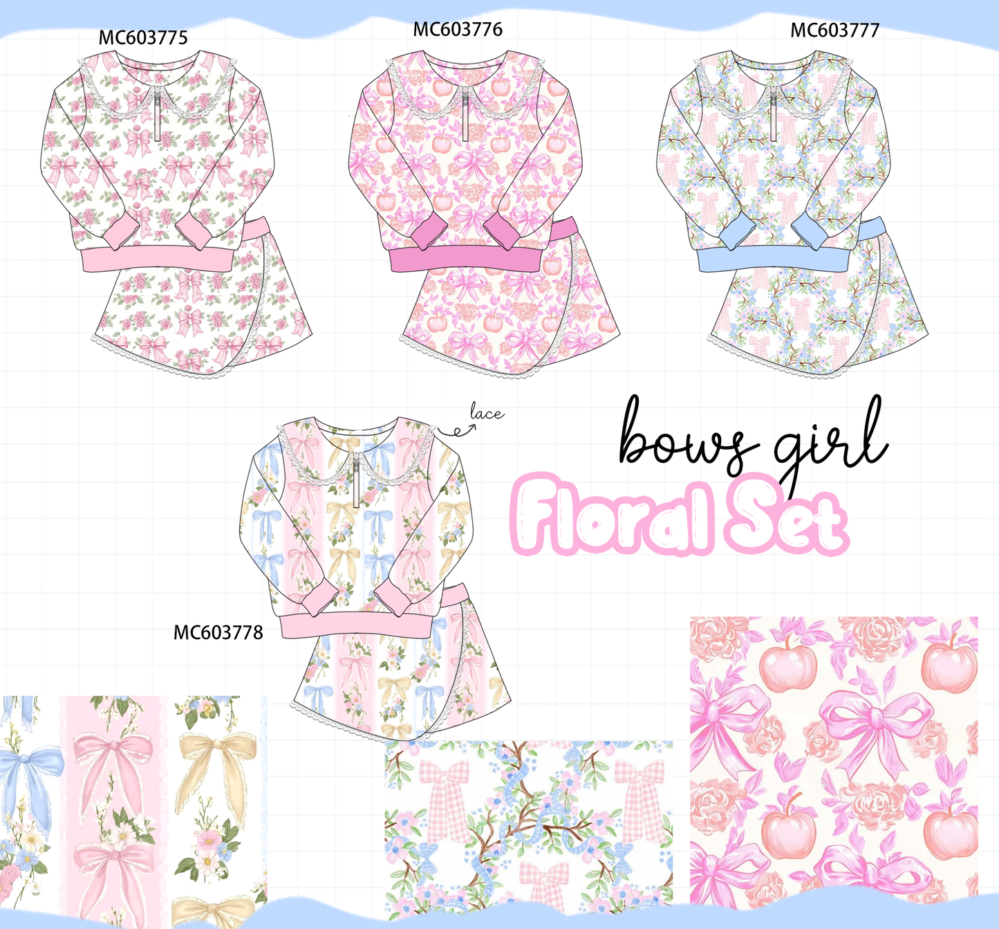 PO85 Pink bow floral print lace skorts set collection - ETA  LATE AUGUST to LC