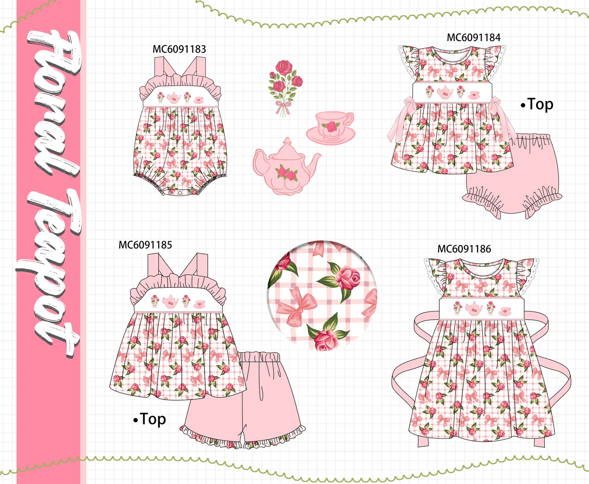 PO107 Pink floral bow teapot embroidery ruffle collection  ETA MARCH