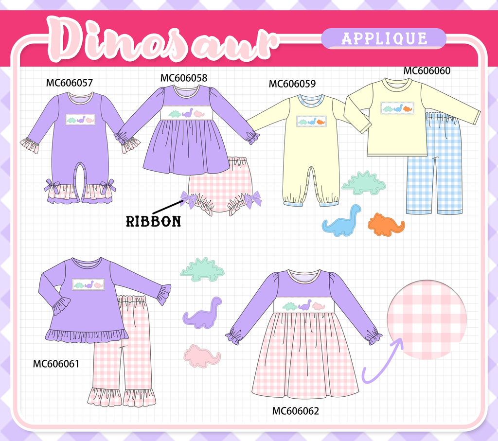 PO95 Purple&mustard dinosaur applique gingham collection - ETA early December to LC