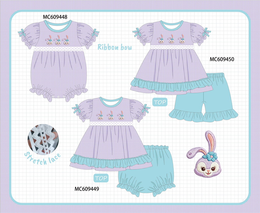 ETA MARCH 2026-po104 Purple easter bunny embroidery ruffle collection