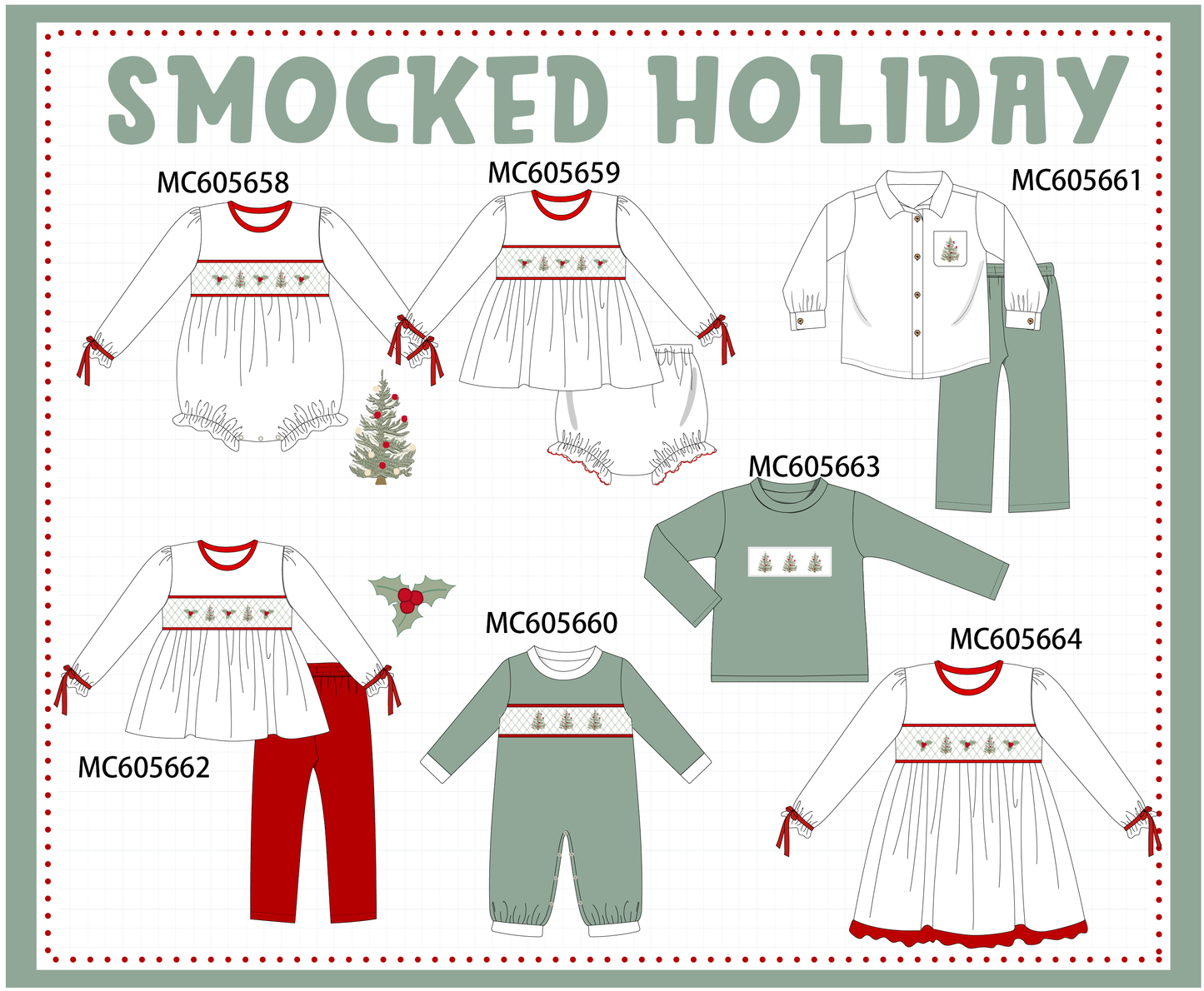 PO93 Red&sage christmas tree holly smocked collection - ETA mid-November to LC
