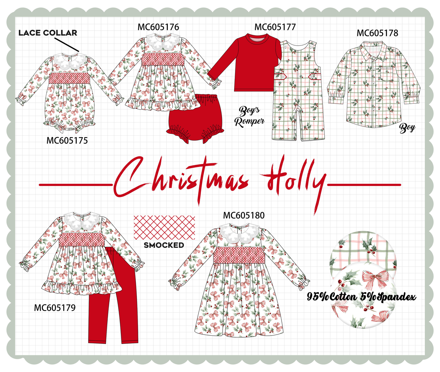 PO92 Red christmas holly bow smocked collection - ETA early November to LC