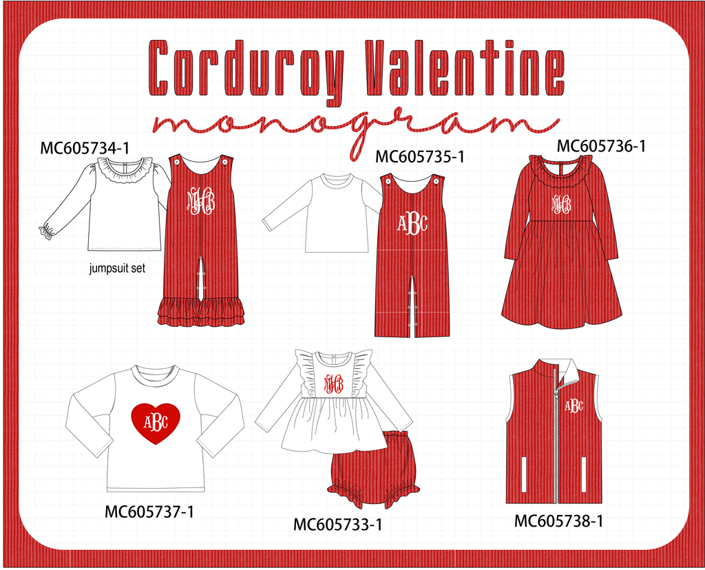 PO95 Red valentine's day corduroy monogram embroidery collection - ETA early December to LC
