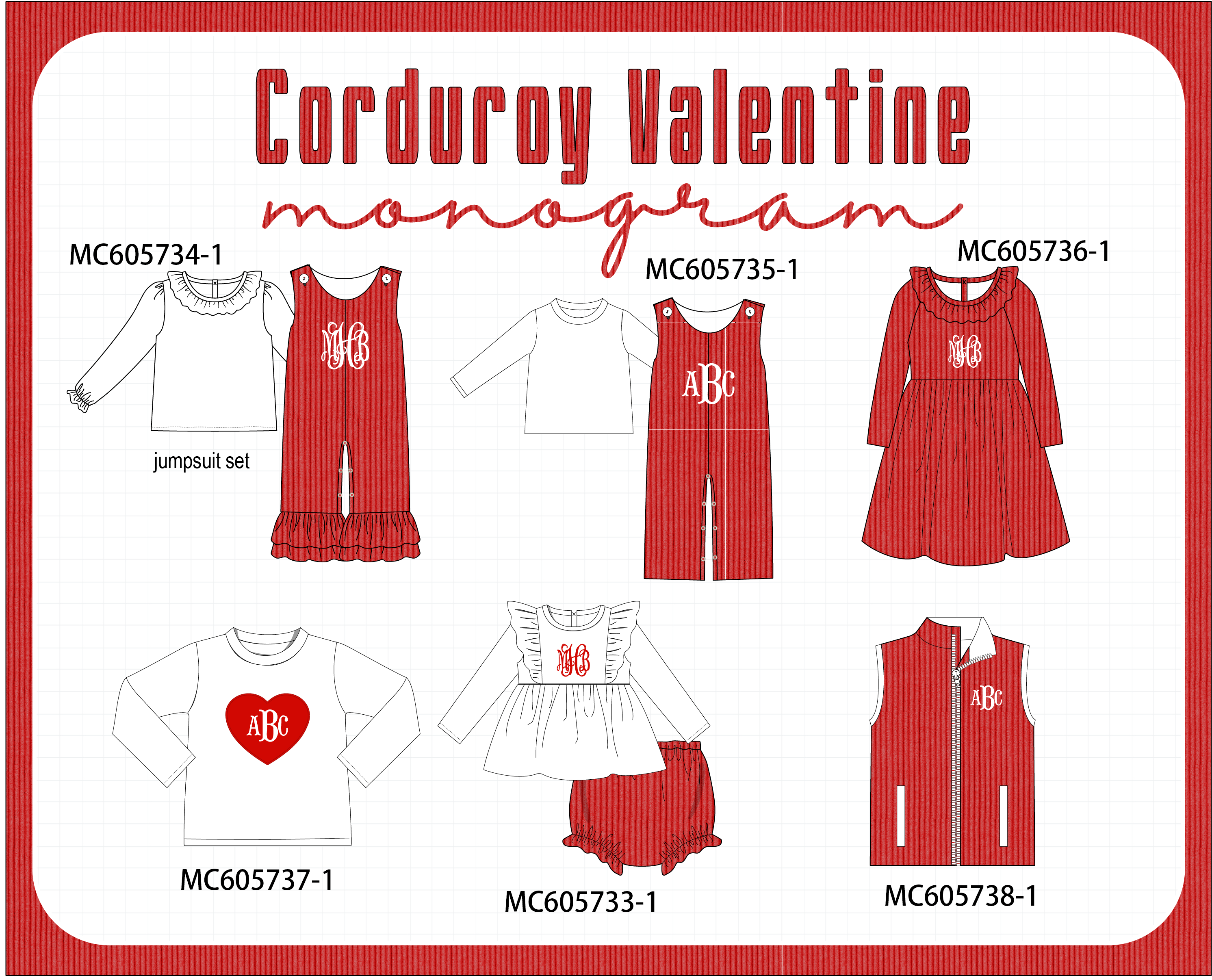 PO95 Red valentine's day corduroy monogram embroidery collection - ETA early December to LC