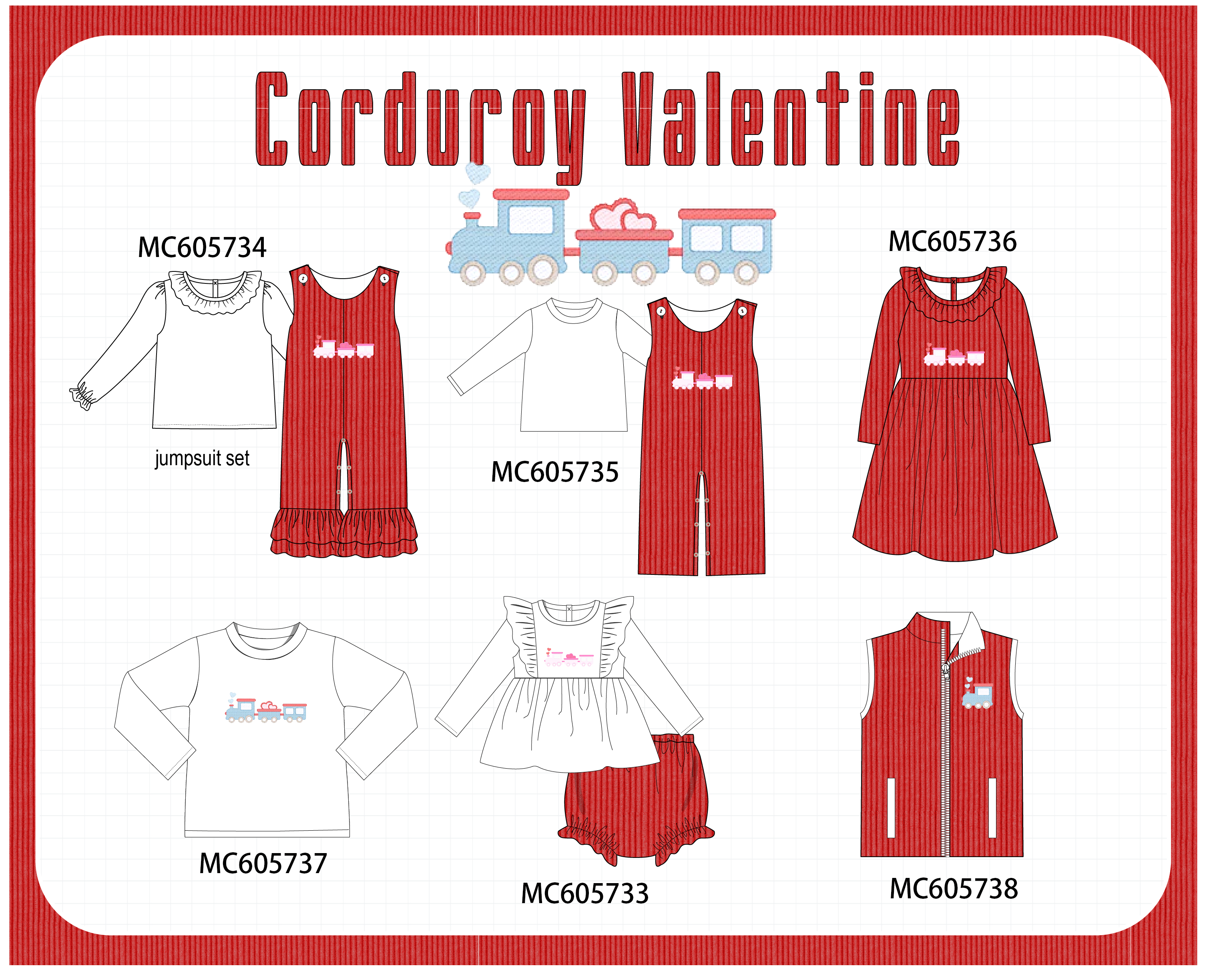 PO95 Red valentine's day corduroy train heart embroidery collection - ETA early December to LC