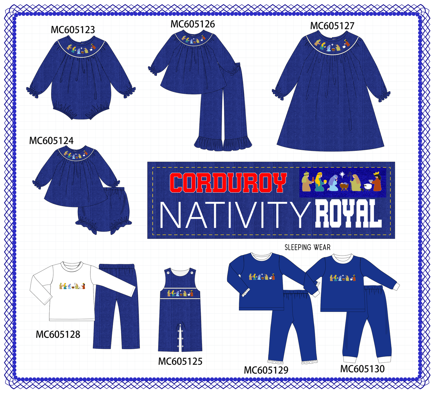 PO92 Royal blue nativity embroidery corduroy collection - ETA early November to LC