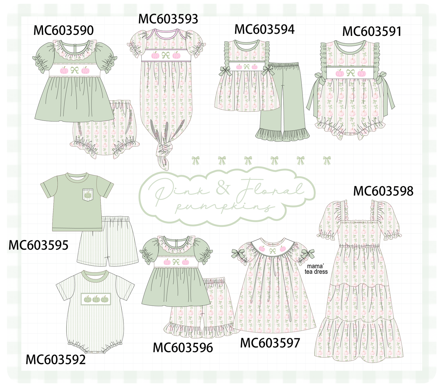 PO85 Sage pumpkin bow eembroidery stripe ruffle collection - ETA  LATE AUGUST to LC